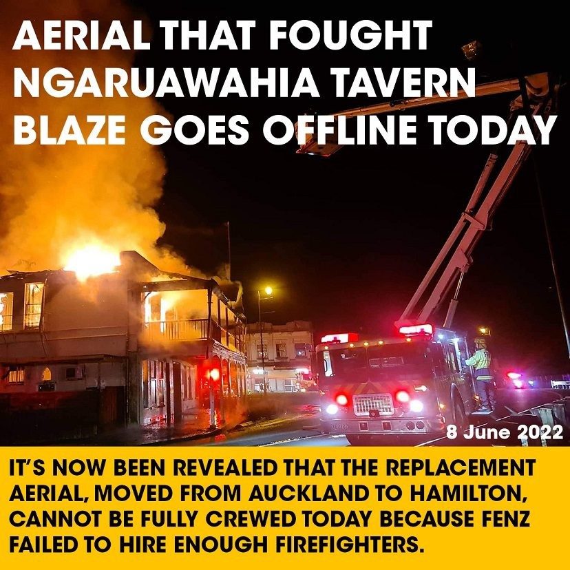 AERIAL THAT FOUGHT NGARUAWAHIA TAVERN BLAZE GOES OFFLINE TODAY