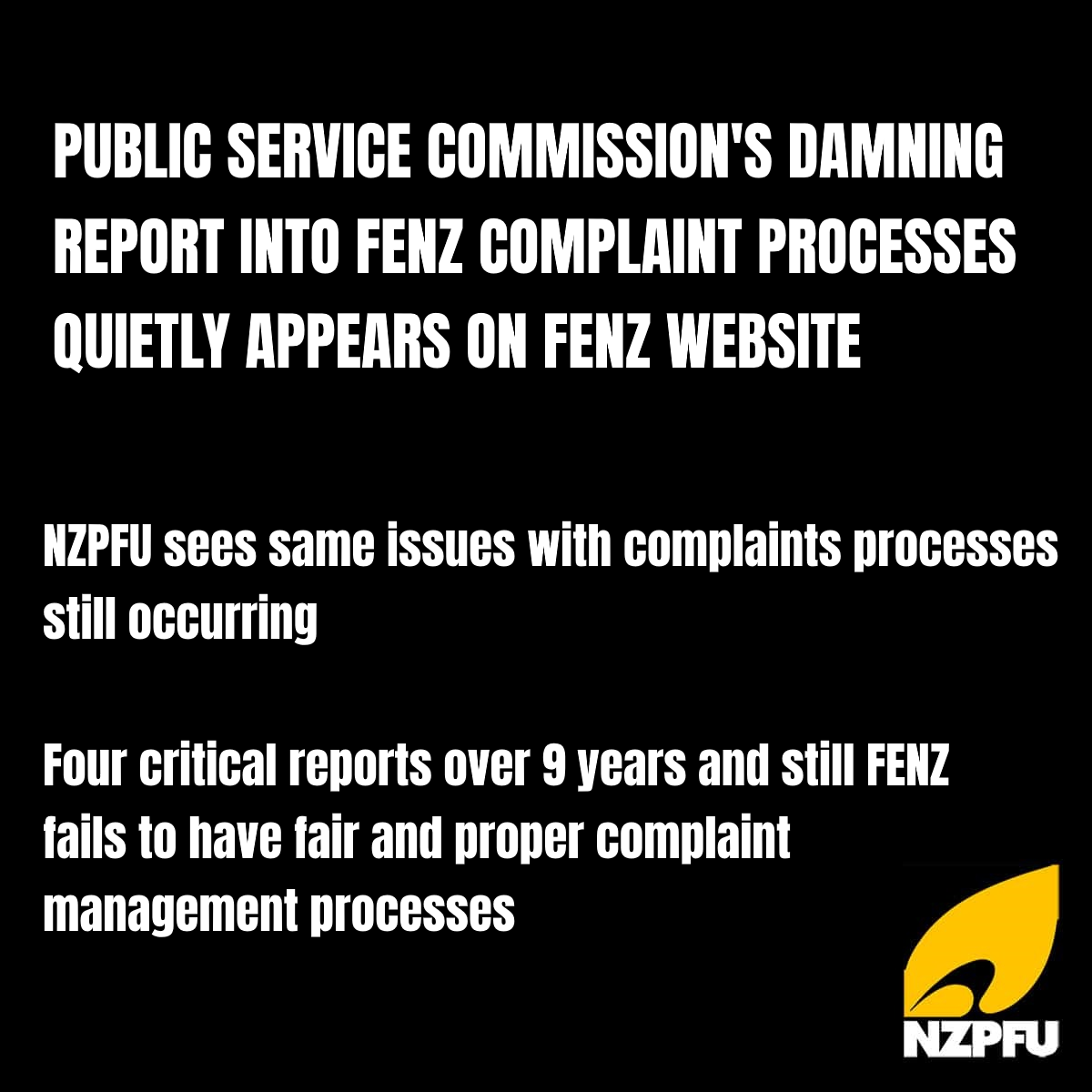 PUBLIC SERVICE COMMISSION'S DAMNING REPORT INTO FENZ COMPLAINT PROCESSES QUIETLY APPEARS ON FENZ WEBSITE