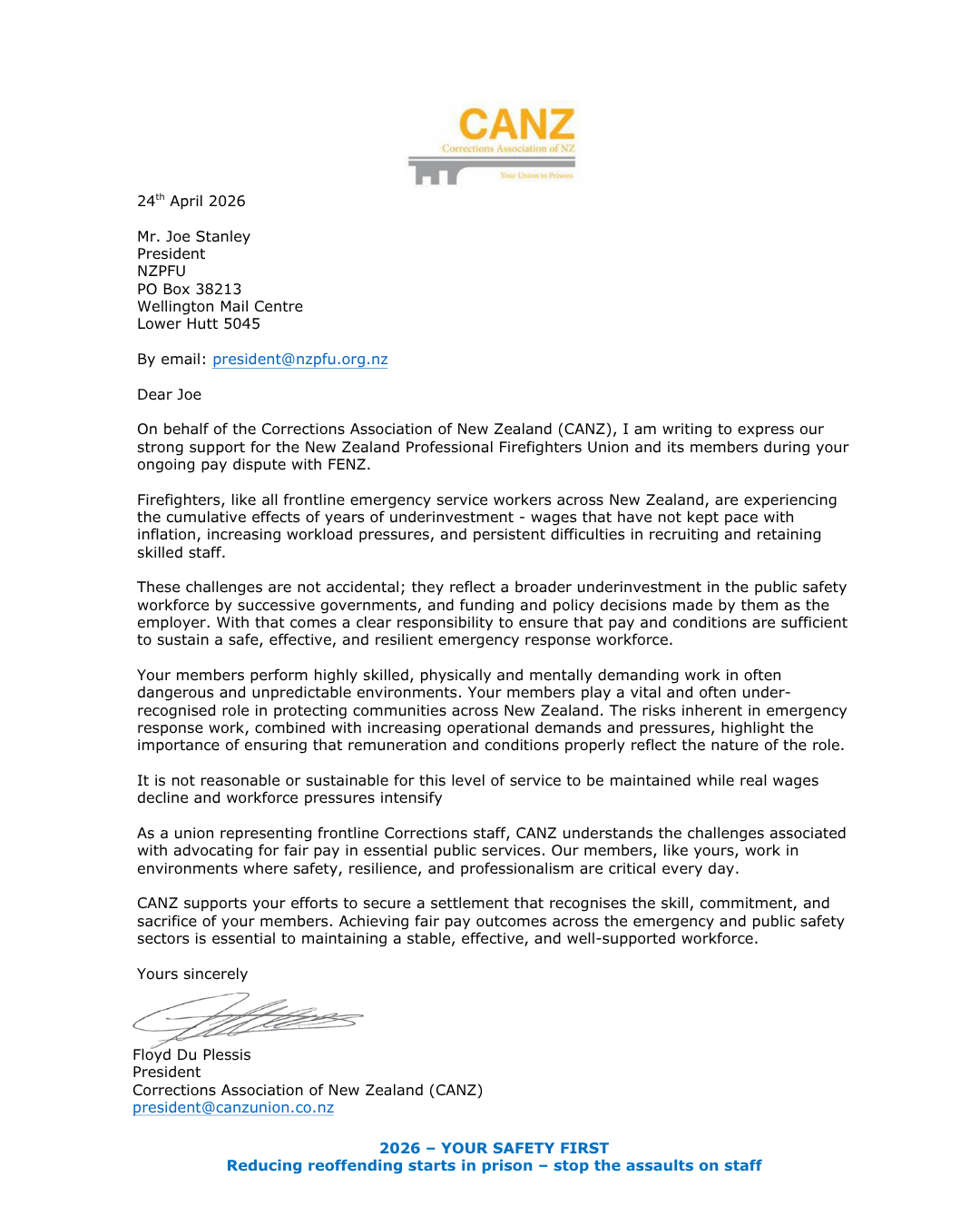 CORRECTIONS ASSOCIATION MESSAGE OF SUPPORT AND SOLIDARITY